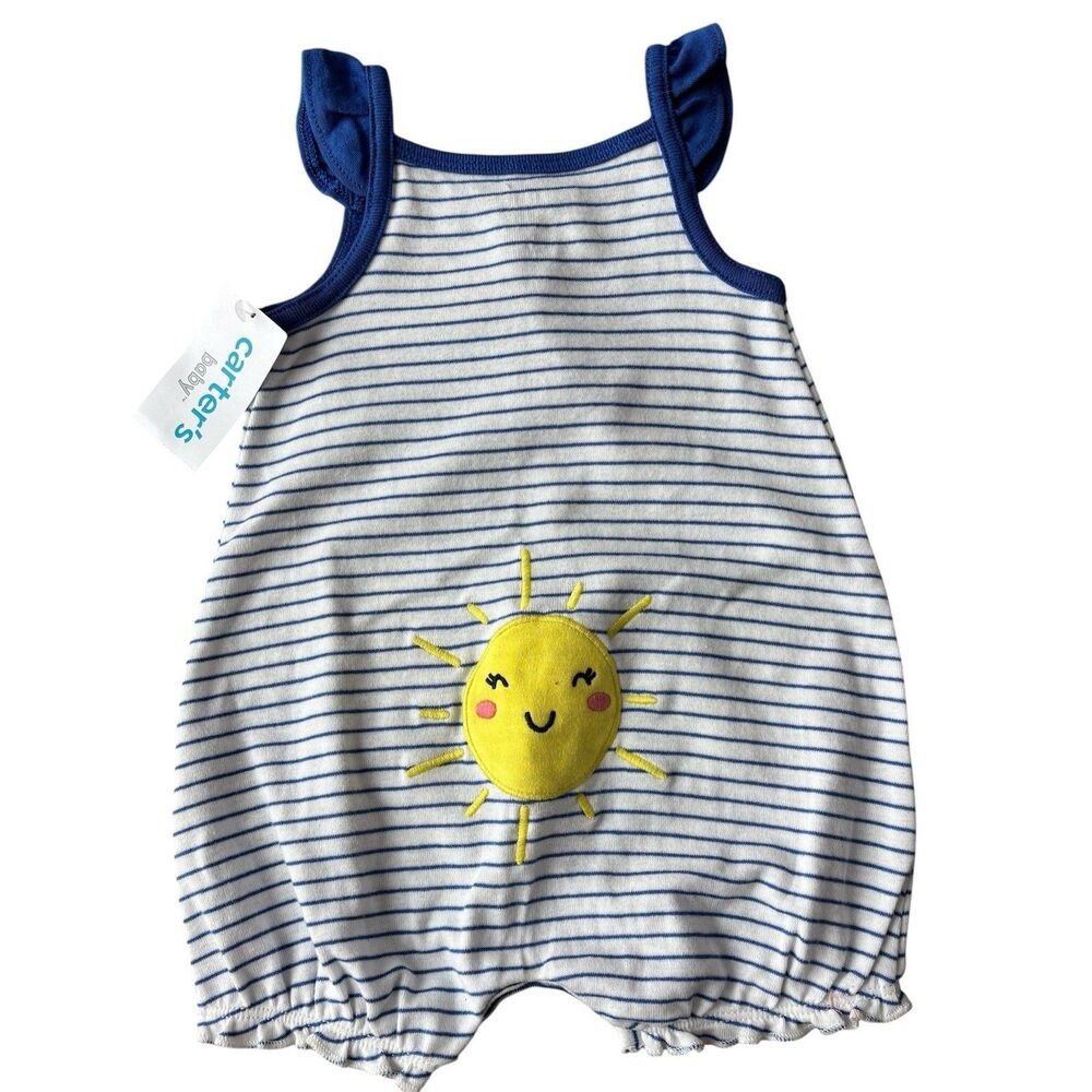 Carter's Striped SunshineRomper Ruffle Tank Sleeves Blue White 3 Months Baby NWT